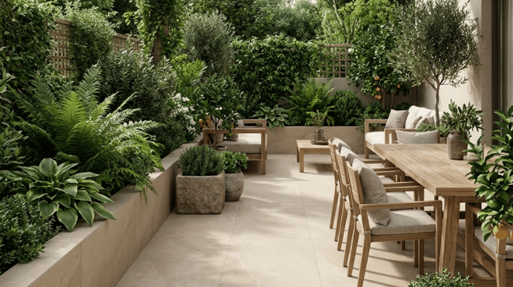 terrasse cosy aménagée avec carrelage extérieur, mobilier confortable et éclairage chaleureux
